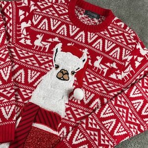 Red Llama Christmas Sweater Fair Isle Ugly Holiday Party‎ Knit Pullover